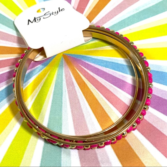 Hot pink and gold beaded bangle bracelet set NWT - Picture 3 of 3